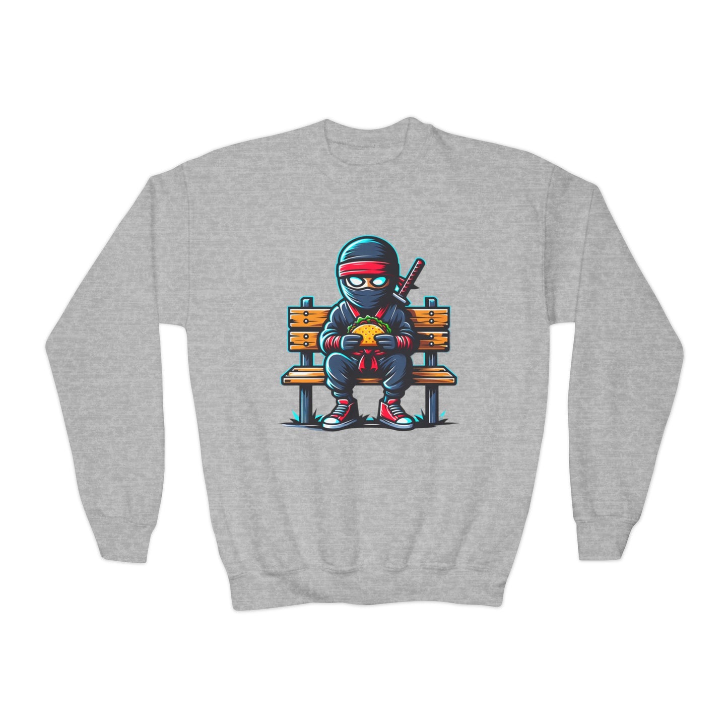 Back to School Youth Crewneck Sweatshirt - Fun Ninja Eating Taco Graphic