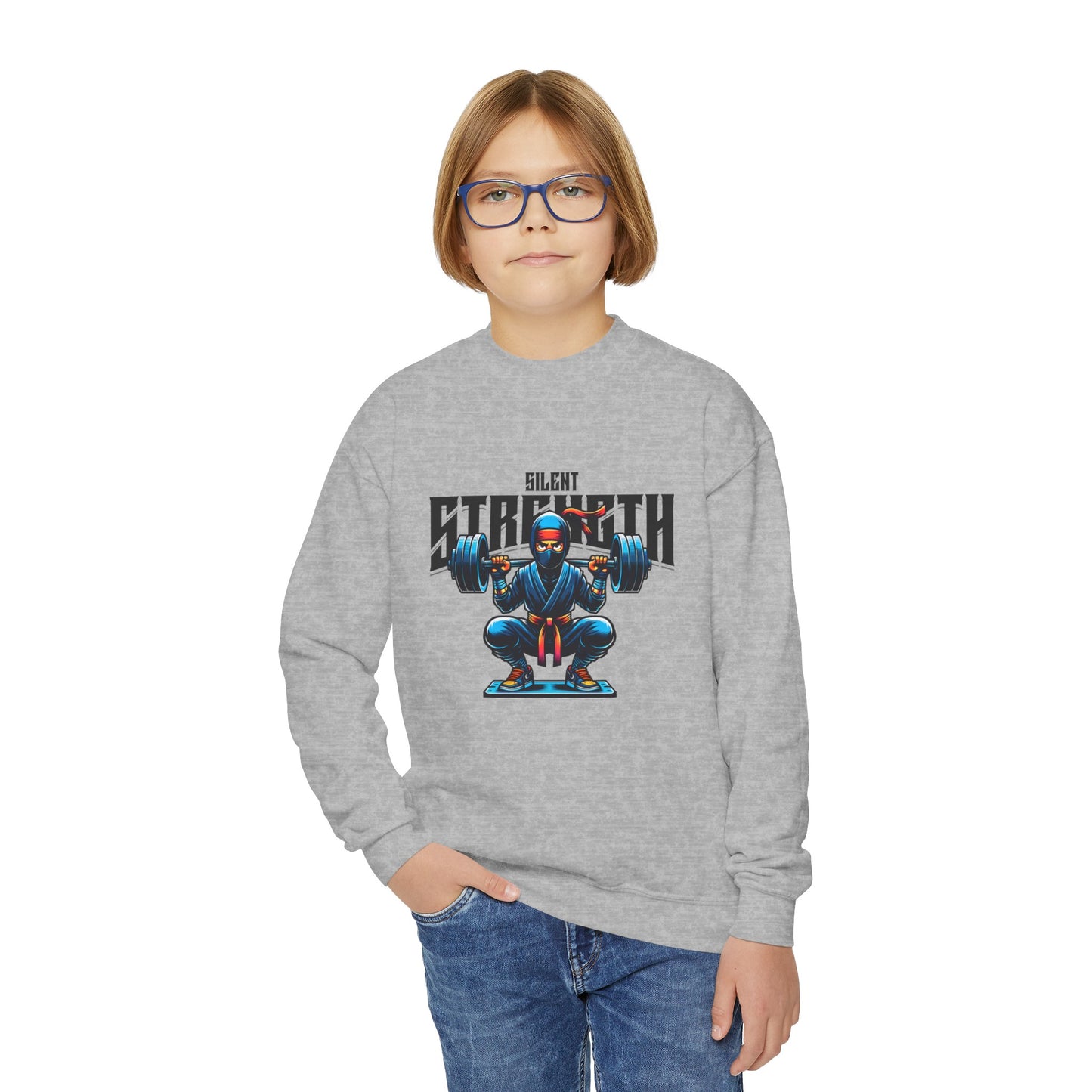 Back to School Youth Crewneck Sweatshirt - Fun Ninja Working Out Graphic