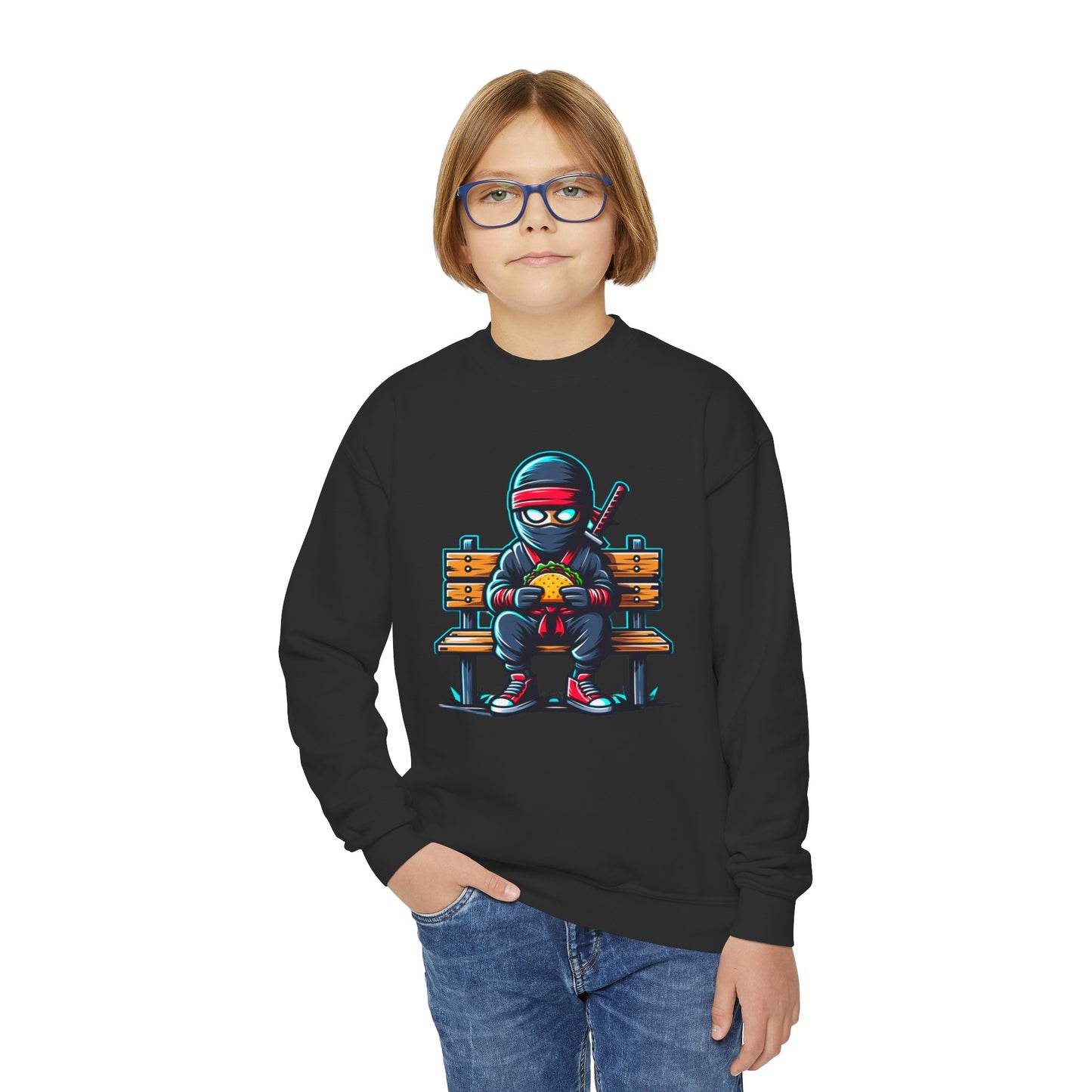 Back to School Youth Crewneck Sweatshirt - Fun Ninja Eating Taco Graphic