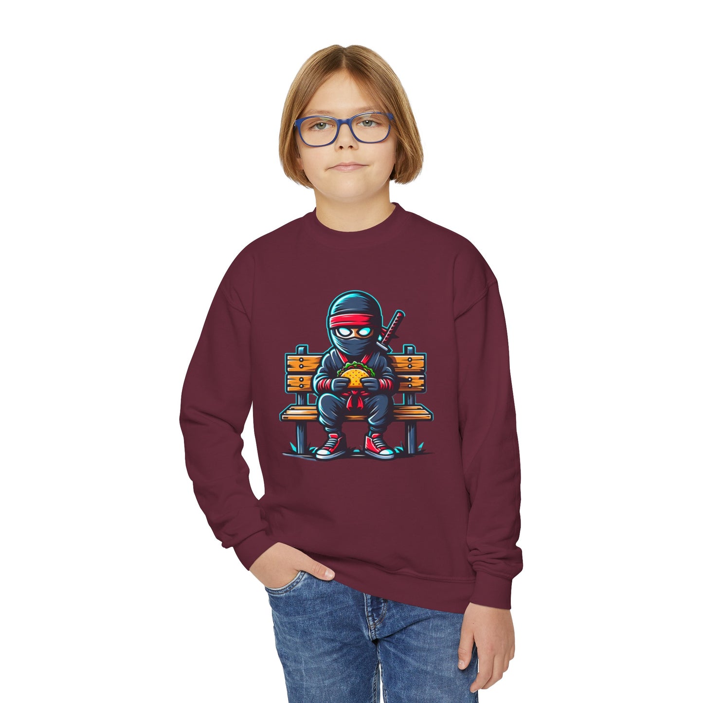 Back to School Youth Crewneck Sweatshirt - Fun Ninja Eating Taco Graphic