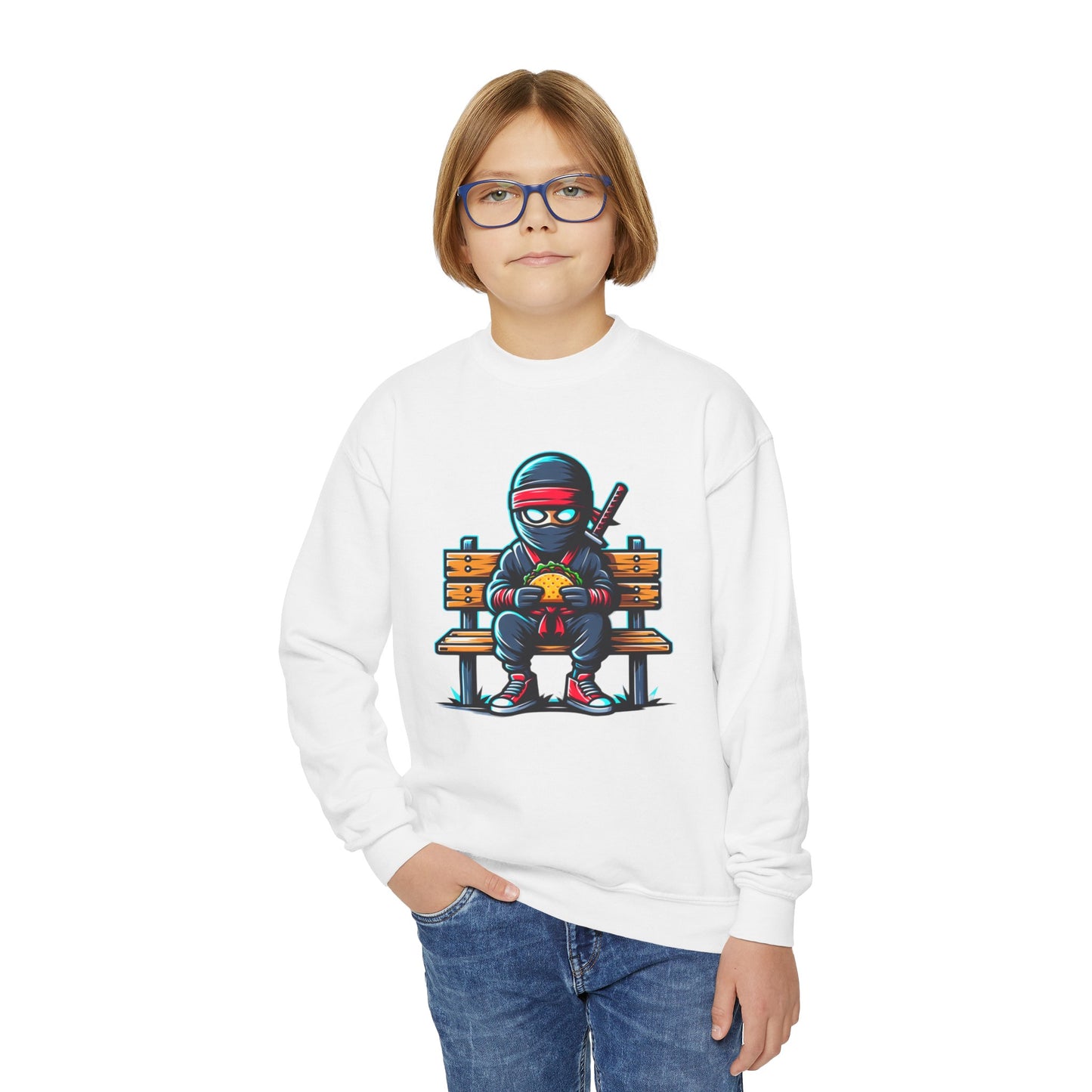 Back to School Youth Crewneck Sweatshirt - Fun Ninja Eating Taco Graphic