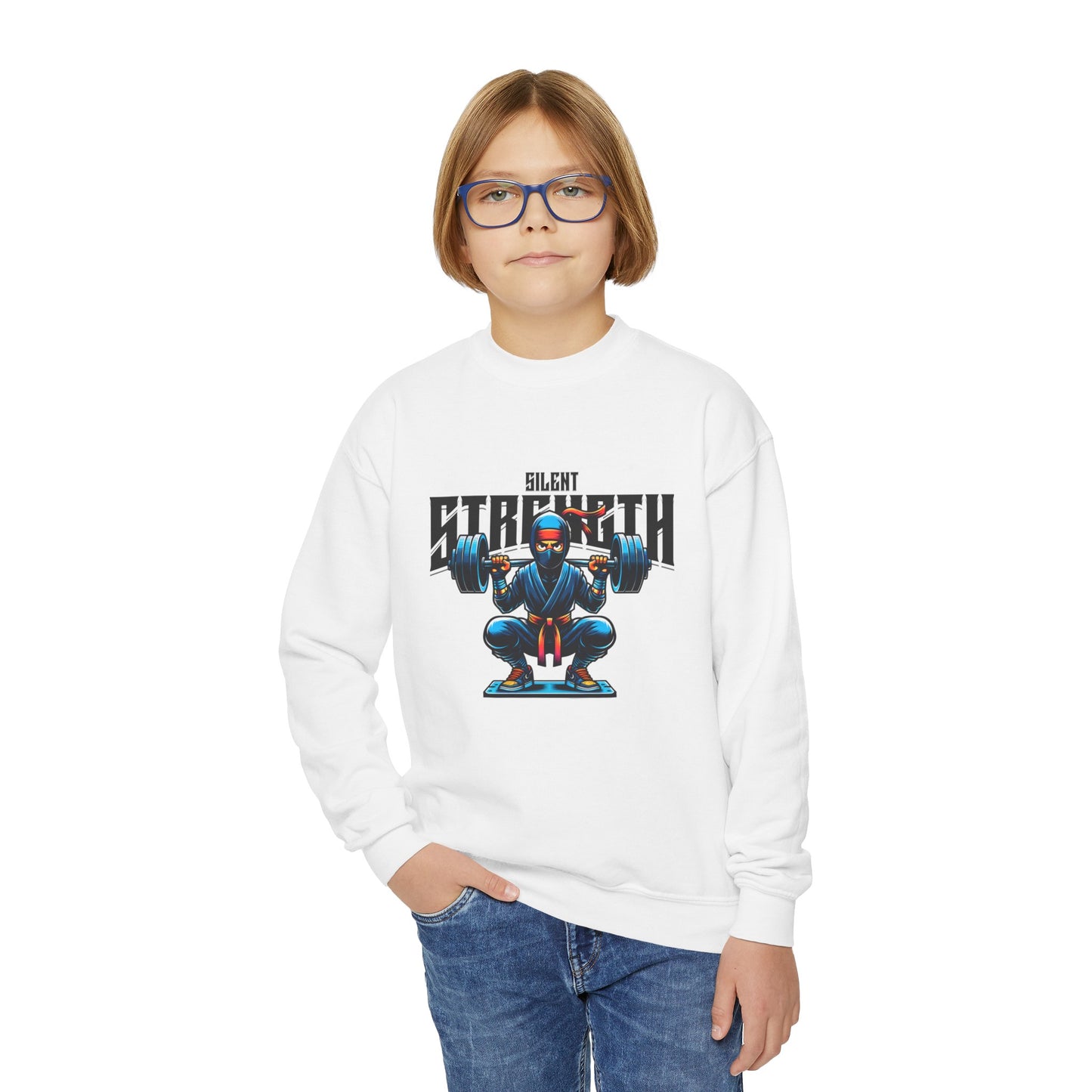 Back to School Youth Crewneck Sweatshirt - Fun Ninja Working Out Graphic