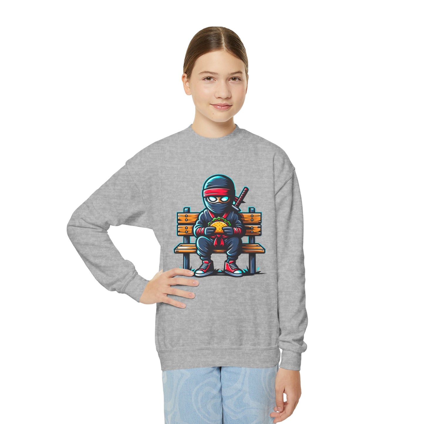 Back to School Youth Crewneck Sweatshirt - Fun Ninja Eating Taco Graphic