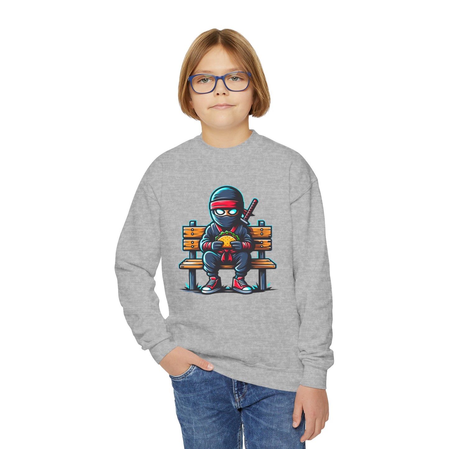 Back to School Youth Crewneck Sweatshirt - Fun Ninja Eating Taco Graphic