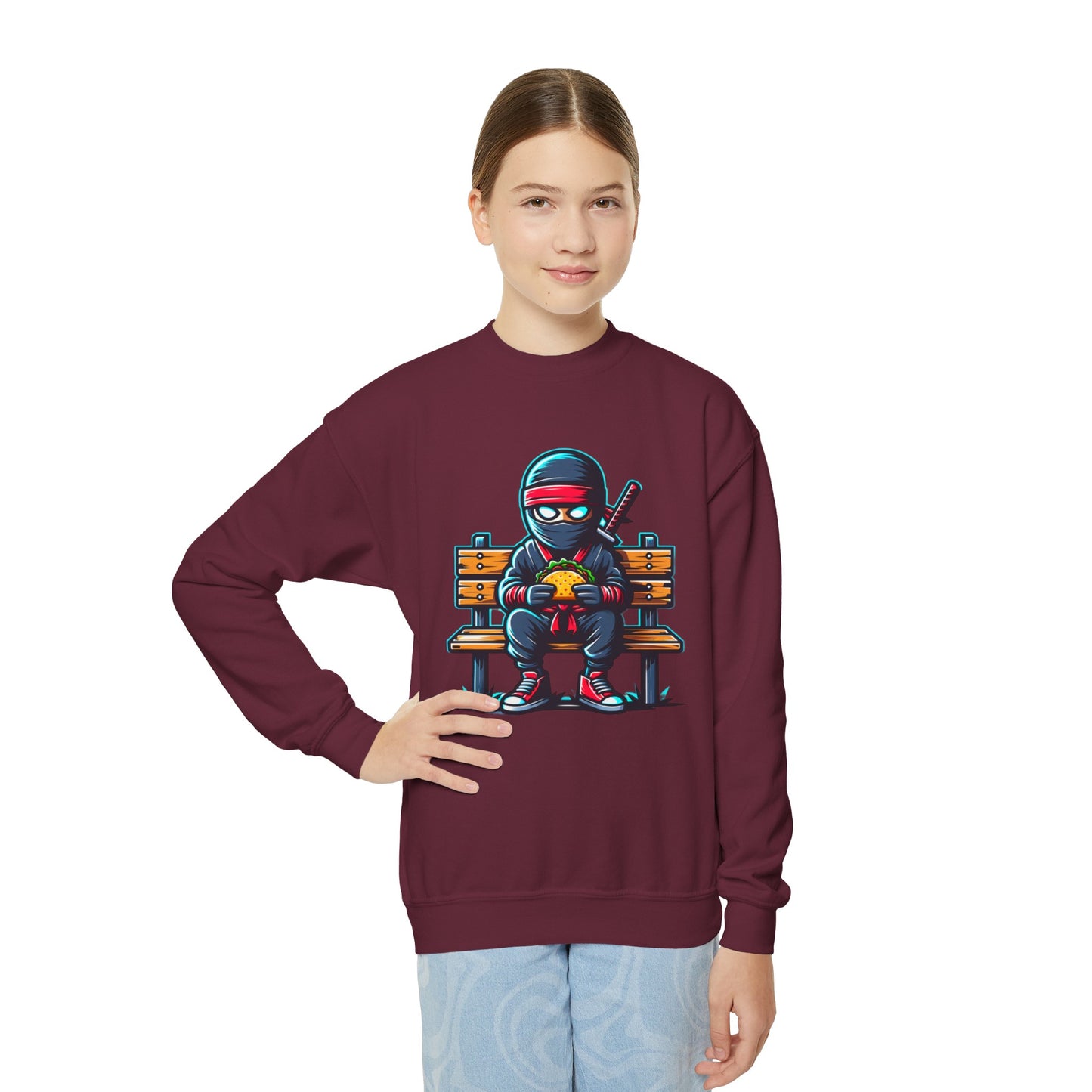 Back to School Youth Crewneck Sweatshirt - Fun Ninja Eating Taco Graphic