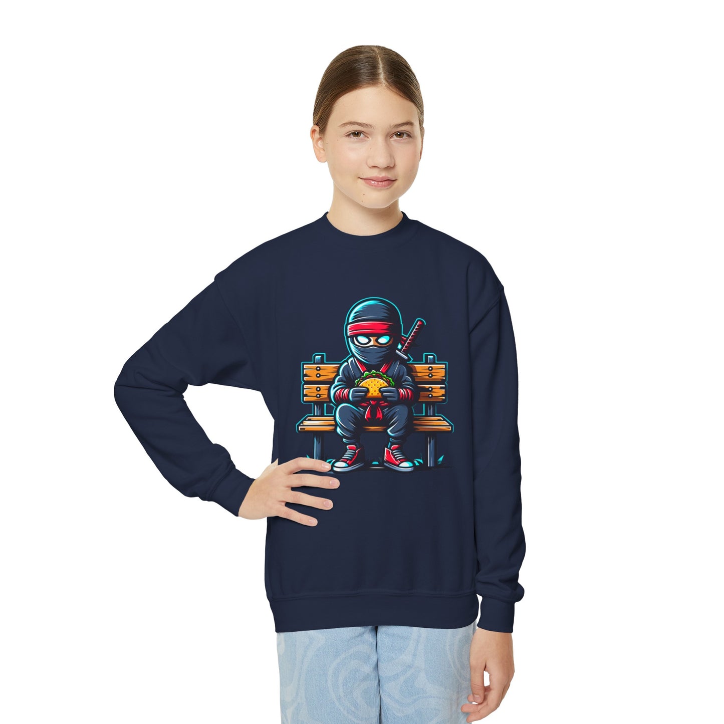 Back to School Youth Crewneck Sweatshirt - Fun Ninja Eating Taco Graphic