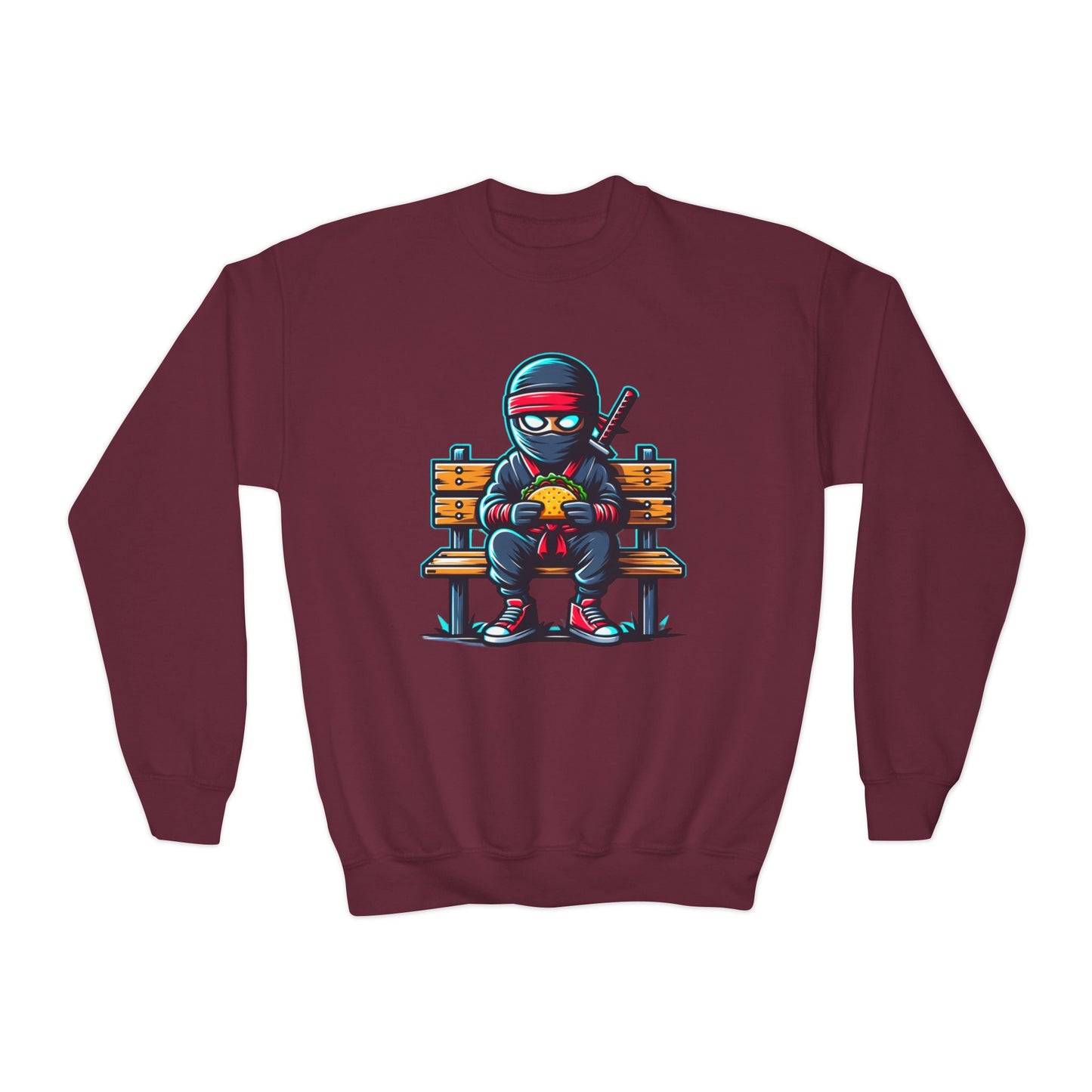 Back to School Youth Crewneck Sweatshirt - Fun Ninja Eating Taco Graphic