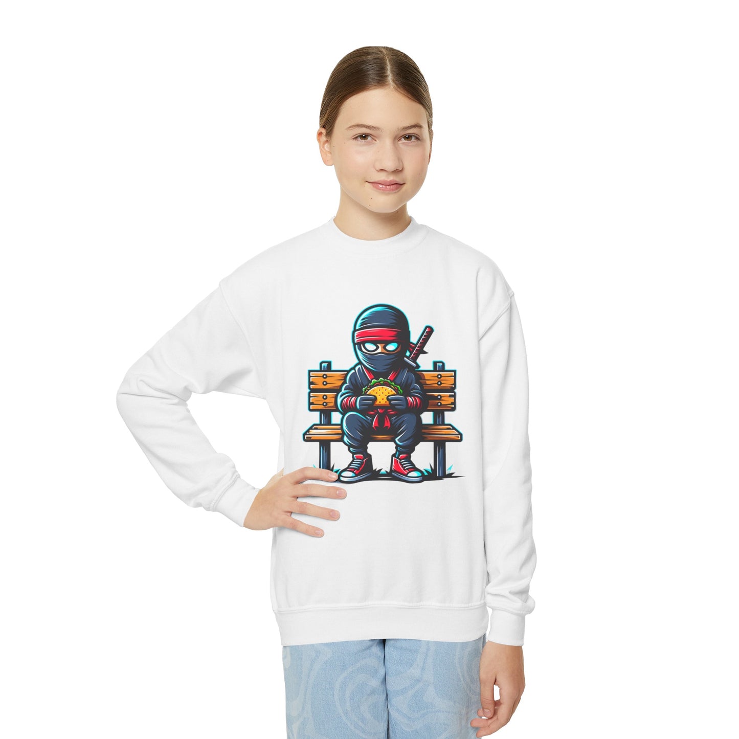 Back to School Youth Crewneck Sweatshirt - Fun Ninja Eating Taco Graphic