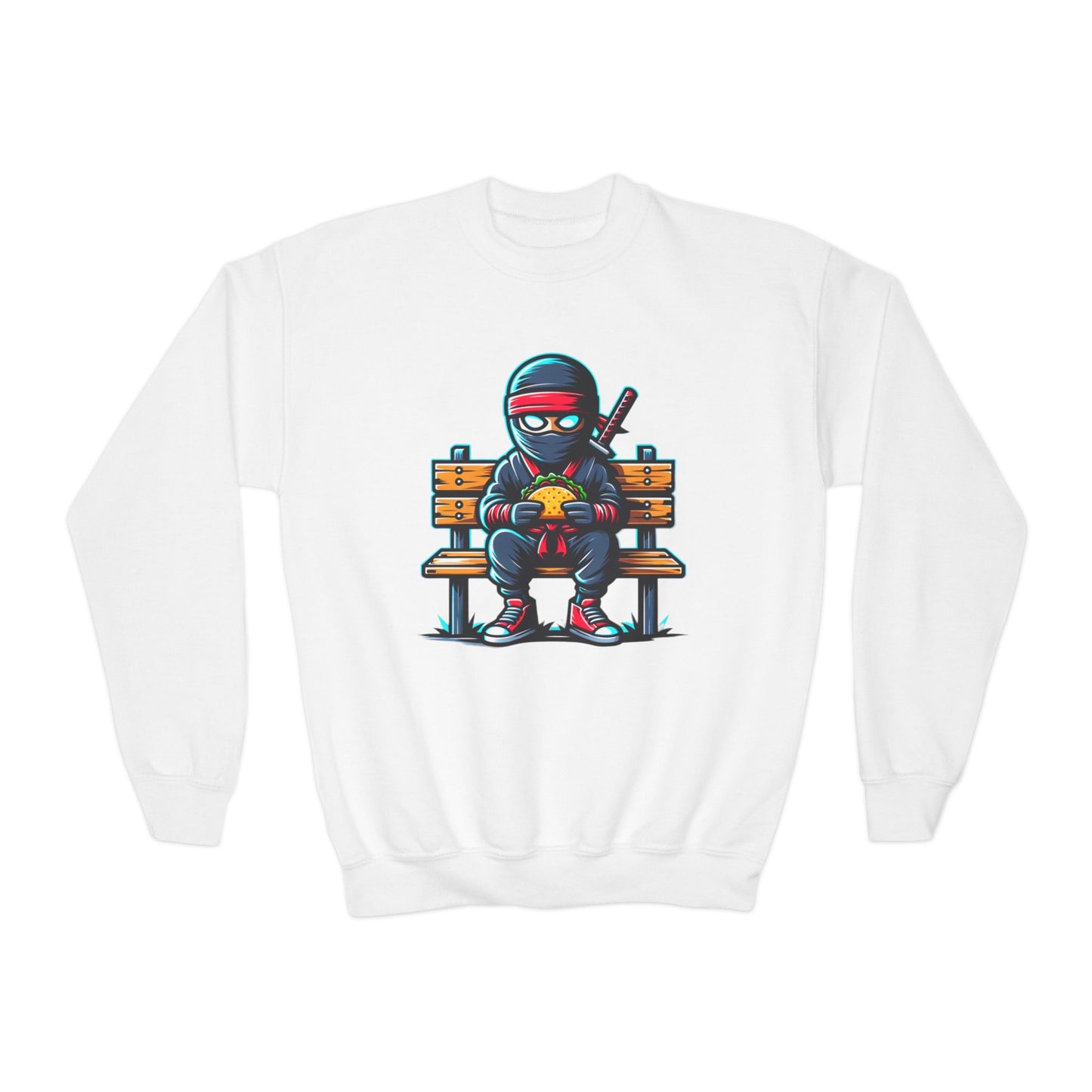 Back to School Youth Crewneck Sweatshirt - Fun Ninja Eating Taco Graphic